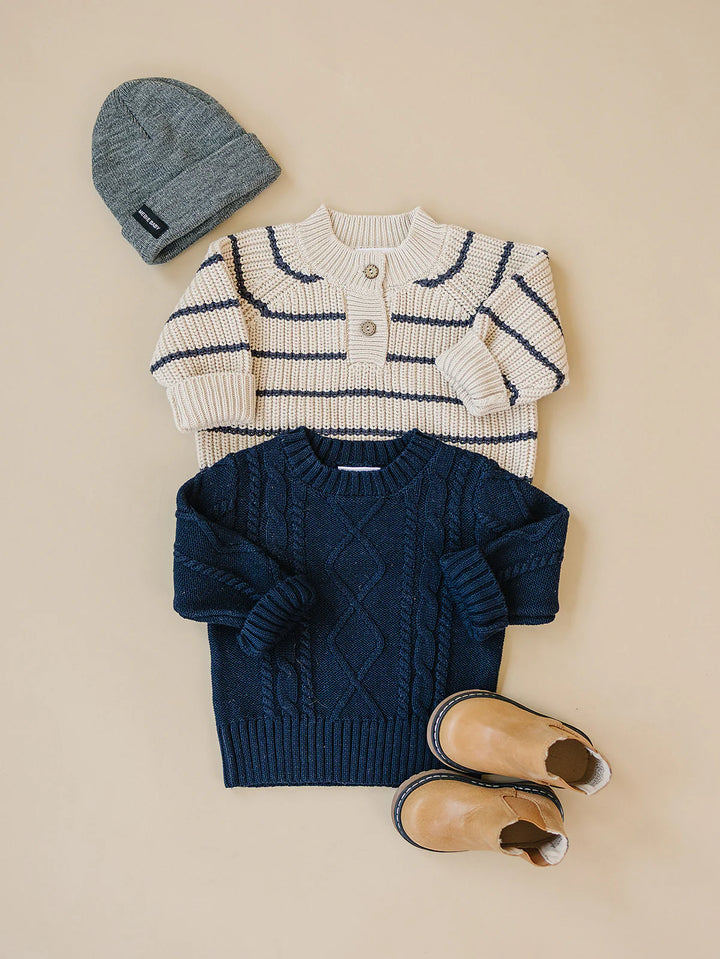 Mebie Baby - Button Knit Sweater in Charcoal Stripes