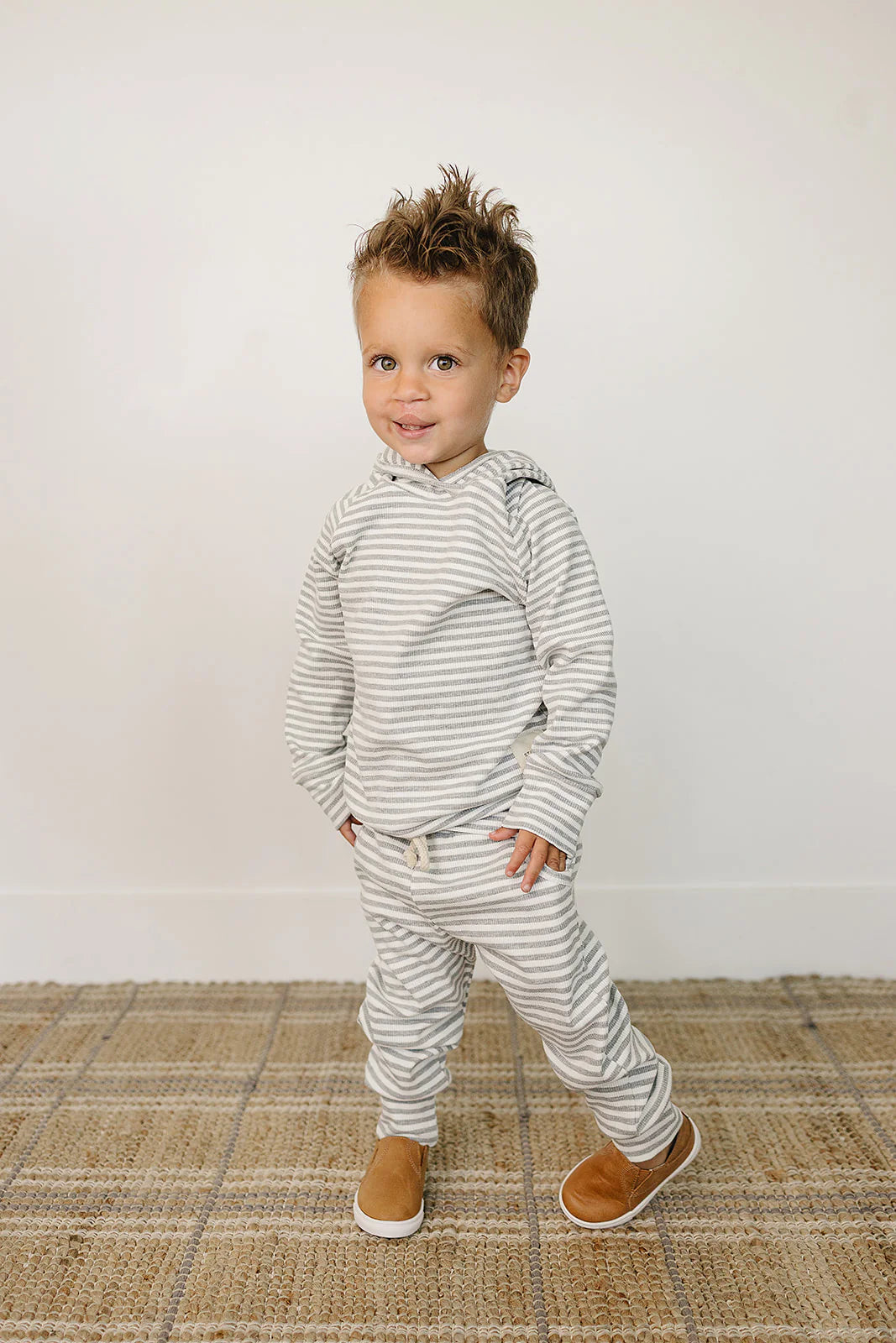 Mebie Baby - Striped Hooded Set in Grey/Cream