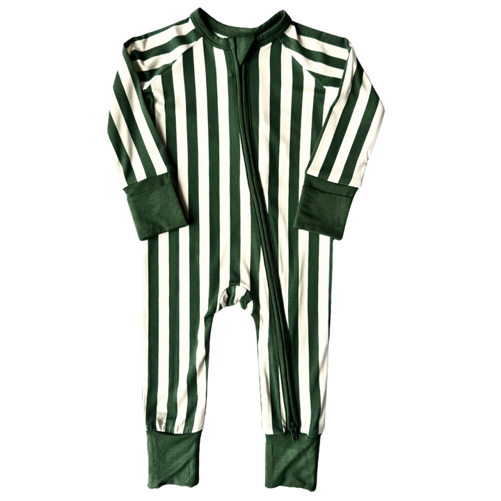 babies green and white striped Christmas pajamas one piece