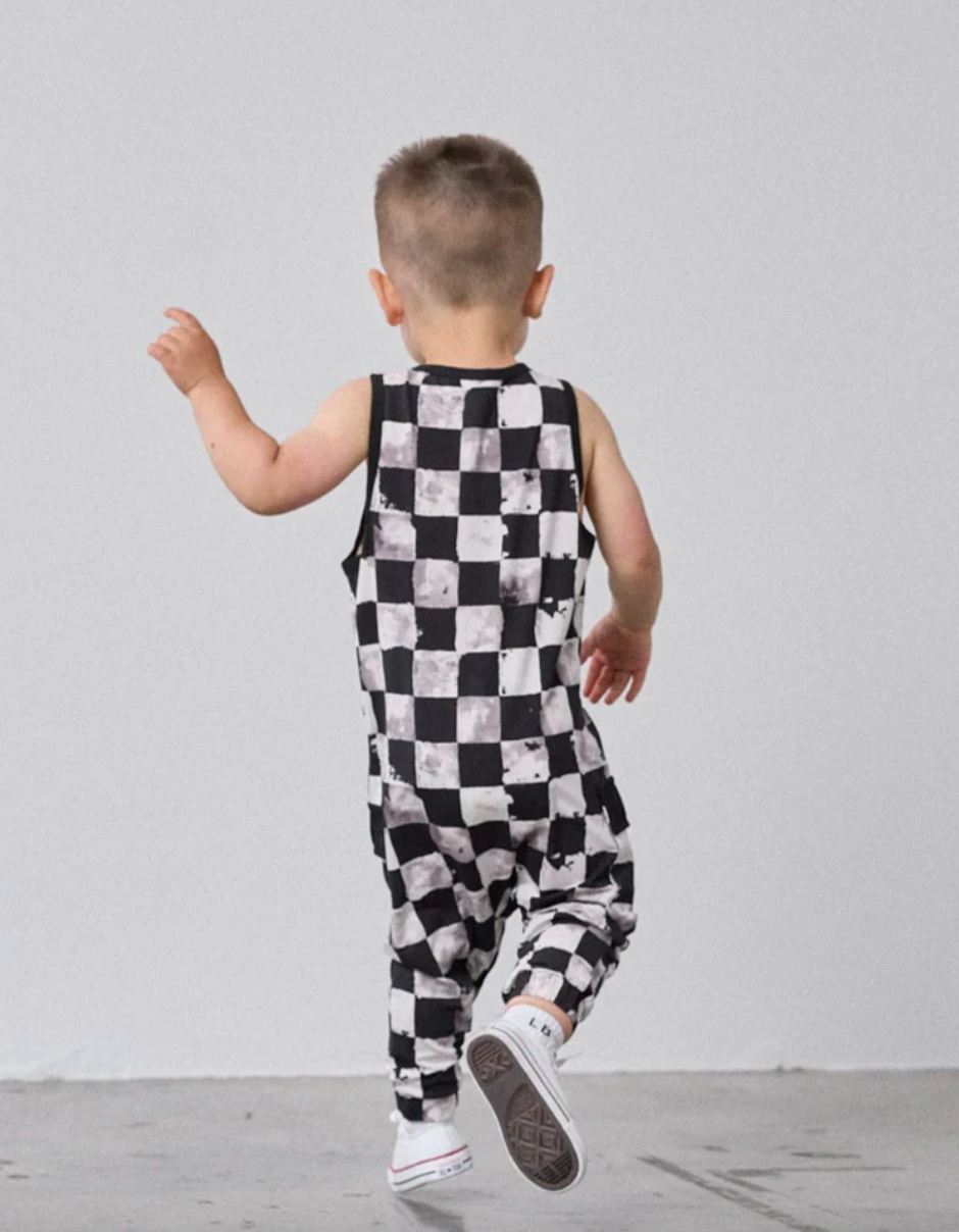 baby boy checkered tank romper black back