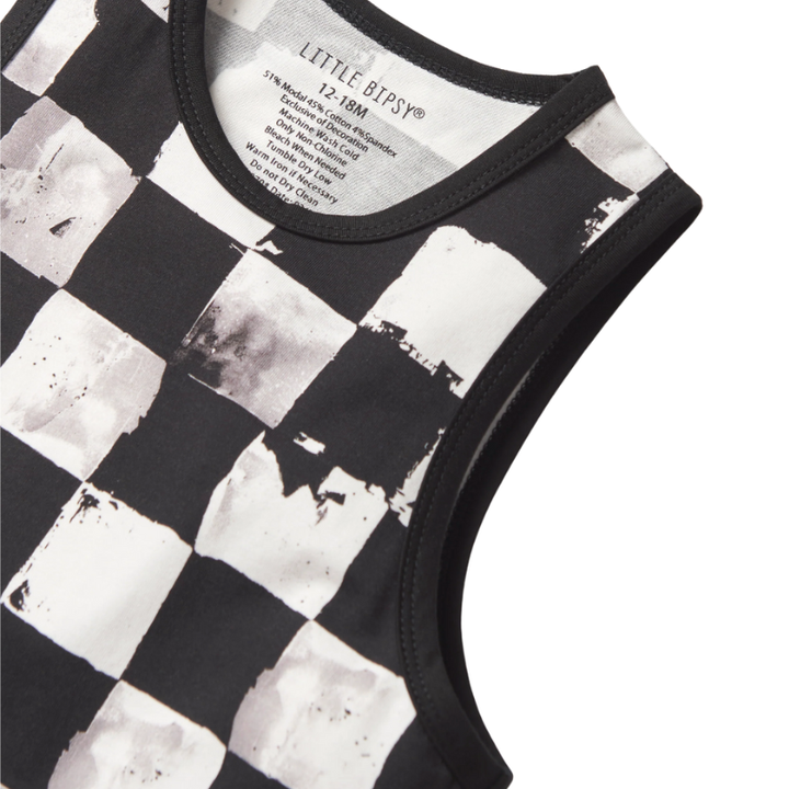 baby boy checkered tank romper black detail
