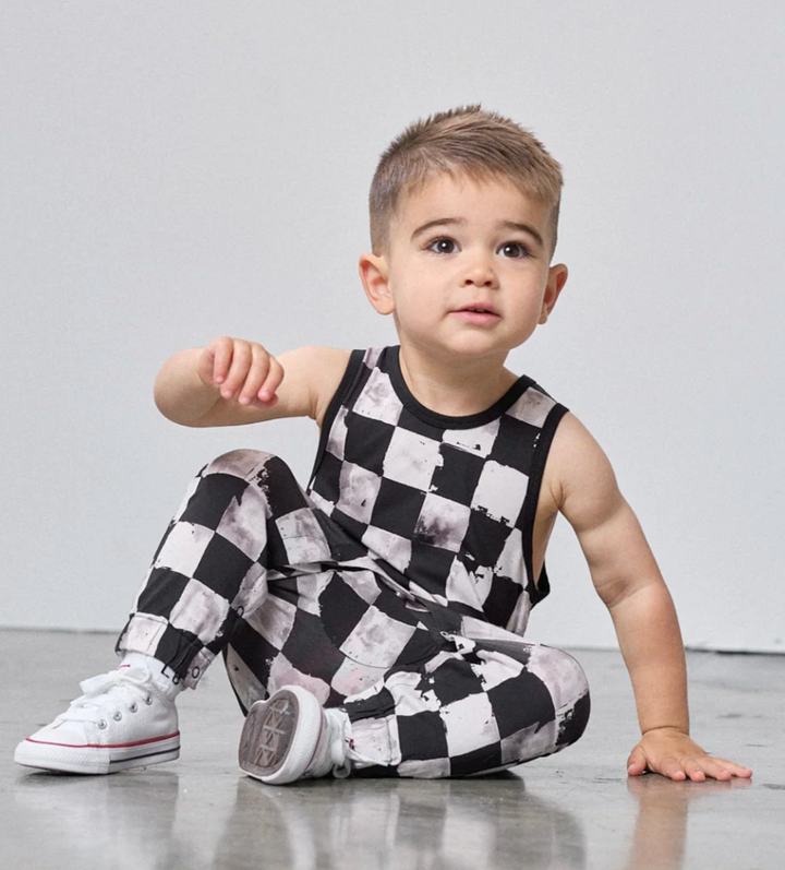baby boy checkered tank romper black white