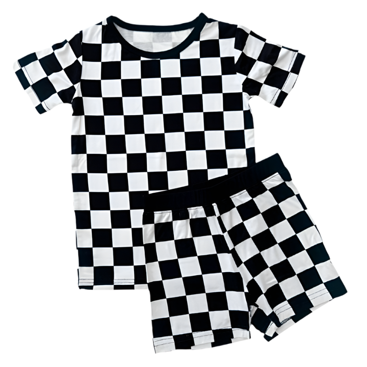 black and white checkered shorts pajama set
