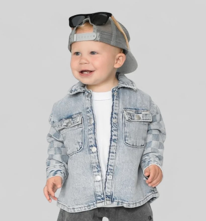 boys light denim jacket with checkered sleeves