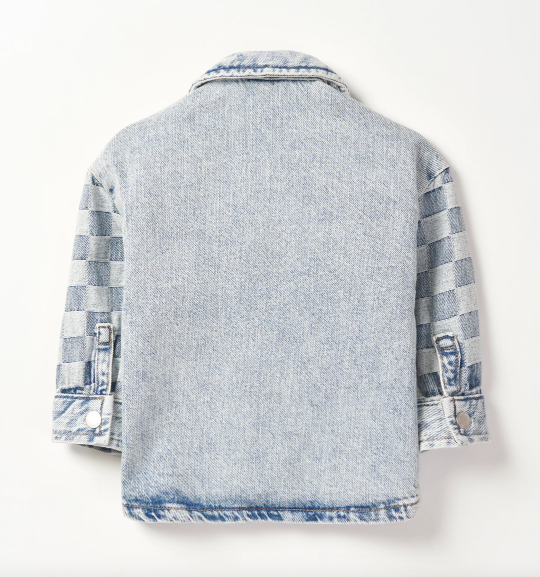 boys light denim jacket with checkered sleeves back