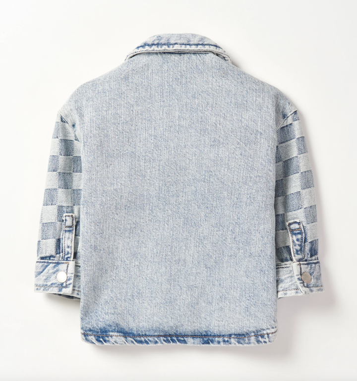 boys light denim jacket with checkered sleeves back