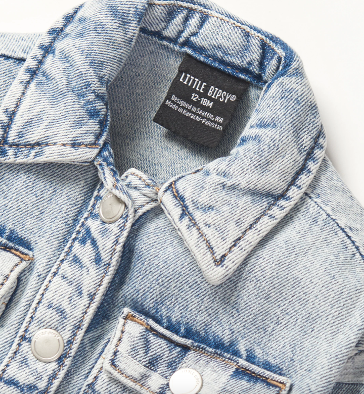 boys light denim jacket with checkered sleeves detail