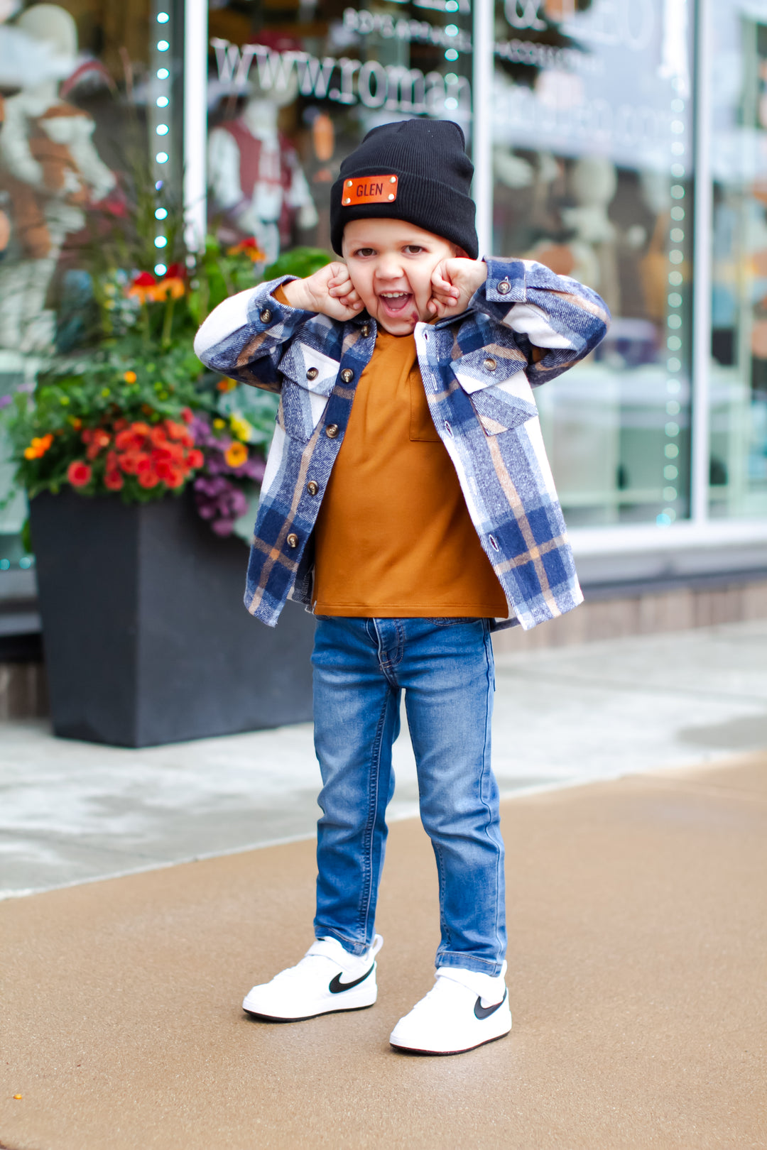 boys navy camel plaid flannel shirt