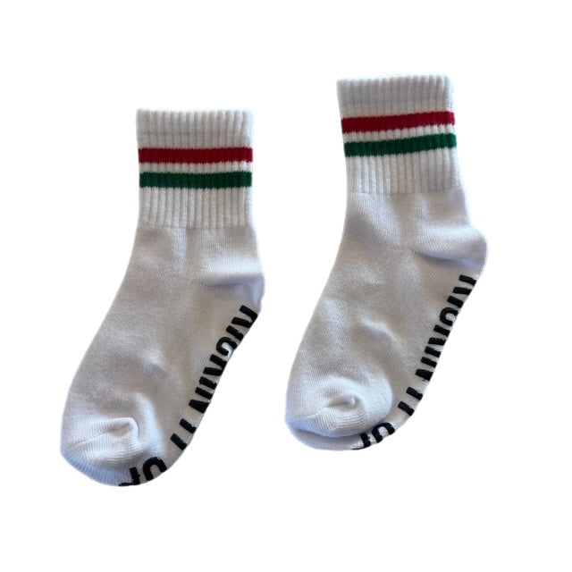 Kickin It Up Socks - White with Red/Green Stripes