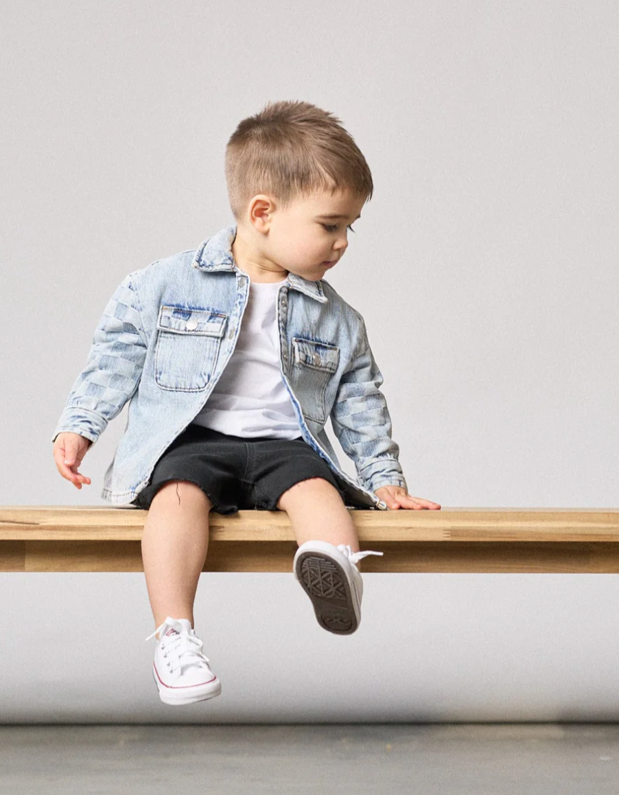 toddler boys light wash denim jacket with checkered sleeves