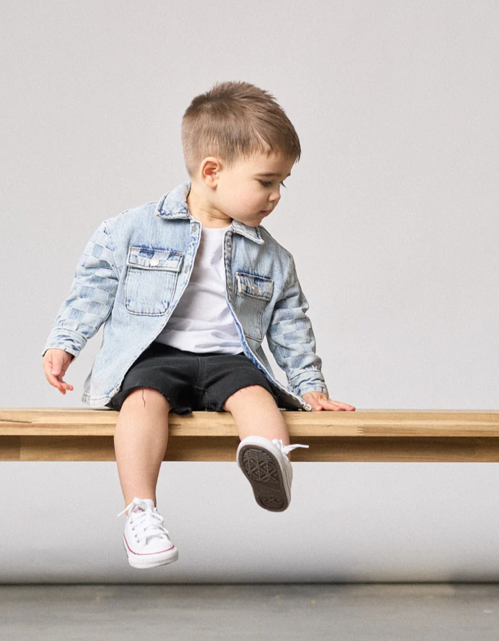 toddler boys light wash denim jacket with checkered sleeves