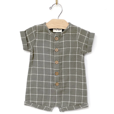 City Mouse - Baby Muslin Short Button Romper in Green Windowpane (9-12mo)