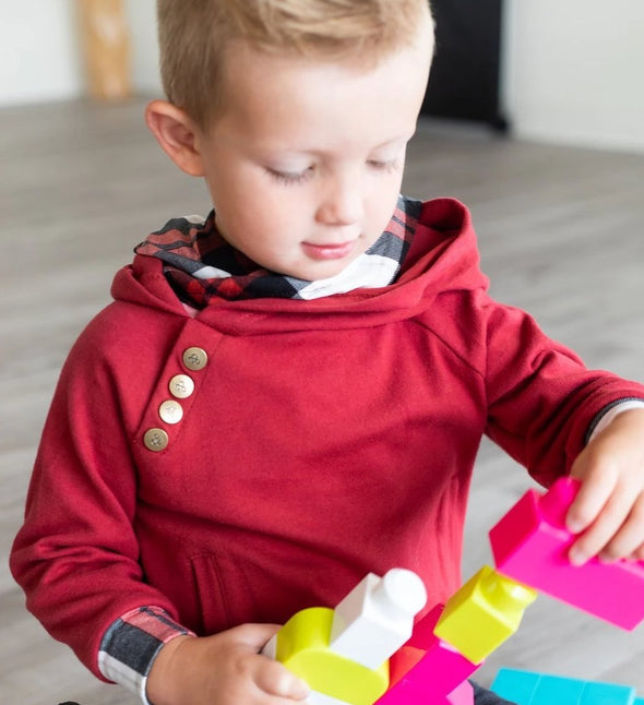 kids double hood hoodie in cranberry plaid