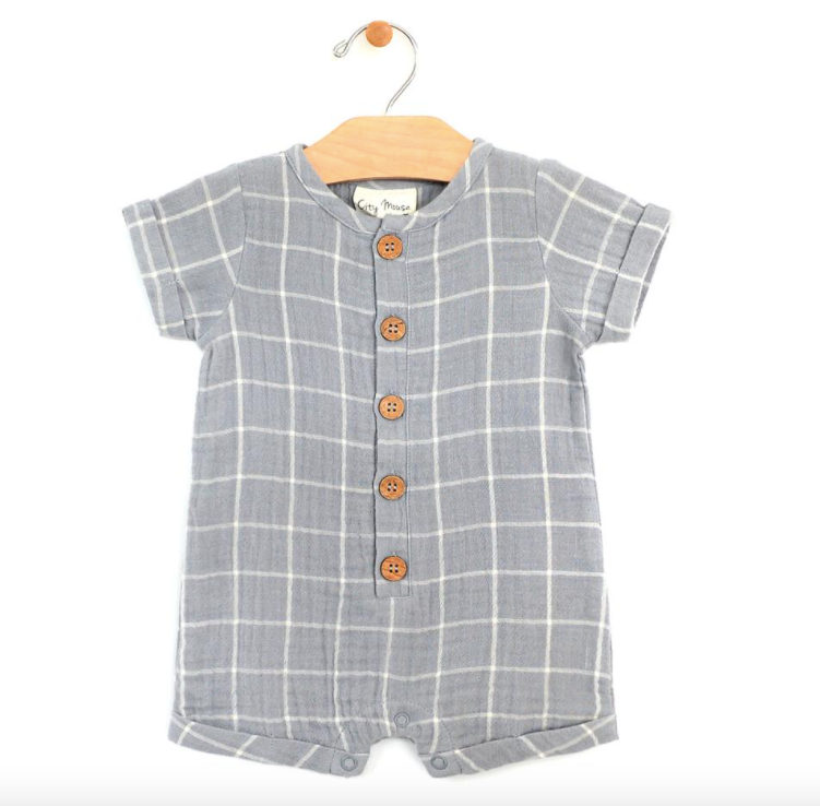 City Mouse - Baby Woven Short Button Romper in Windowpane