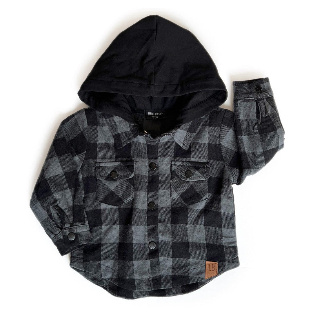 Little Bipsy hooded flannel in pewter and black plaid