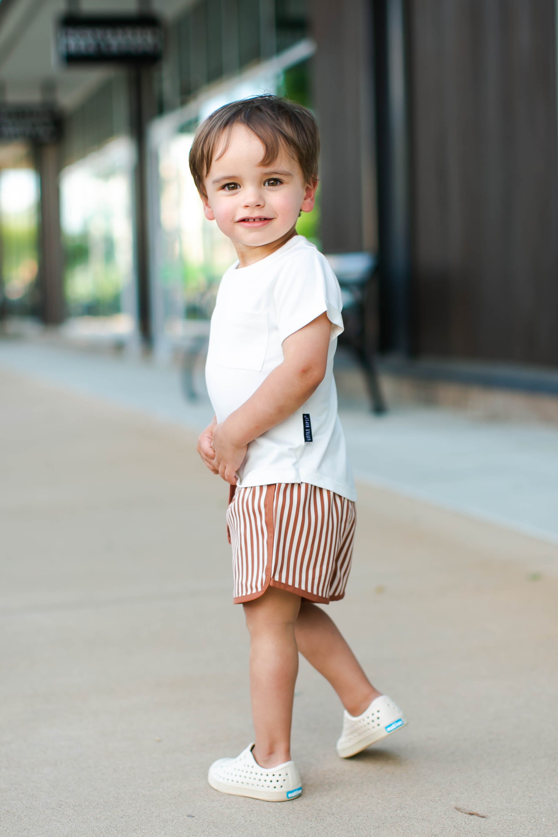 Rylee + Cru Swim Trunk in Rust Stripe (612mo) Roman & Leo Cool, Trendy Boys Clothes
