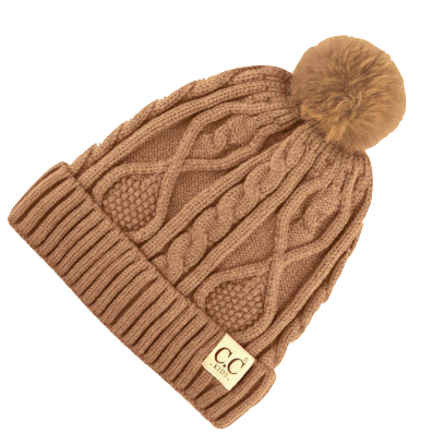 C.C. Beanie - Kids Cable Knit Fur Pom Beanie in Taupe