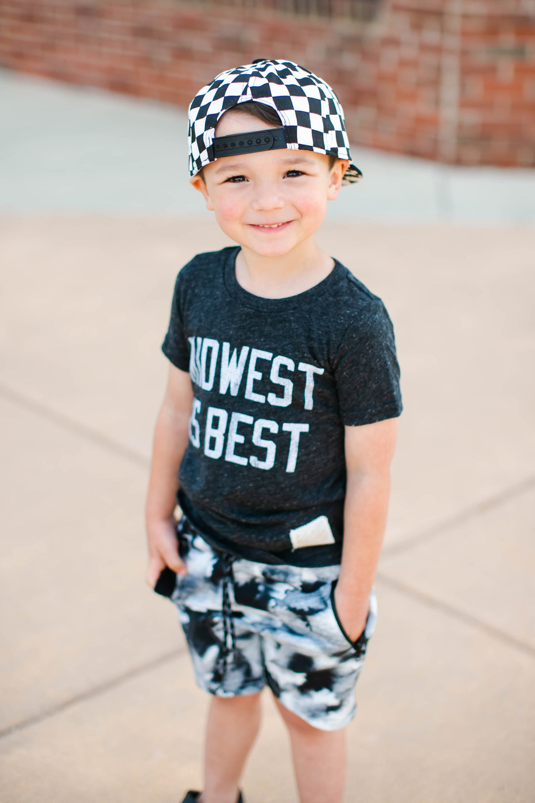Kids black white checkered hat with black brim