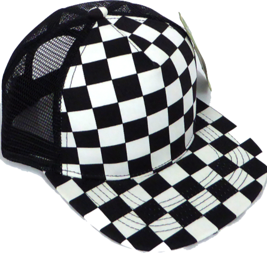 kids checkered trucker hat black and white
