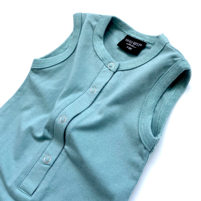 Little Bipsy - Sleeveless Snap Romper with Henley Buttons in Ash Blue (Size 3-6mo)