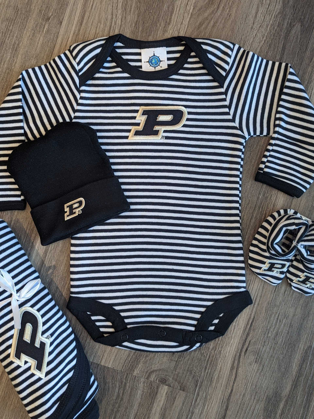 Purdue Baby onesie black white stripes