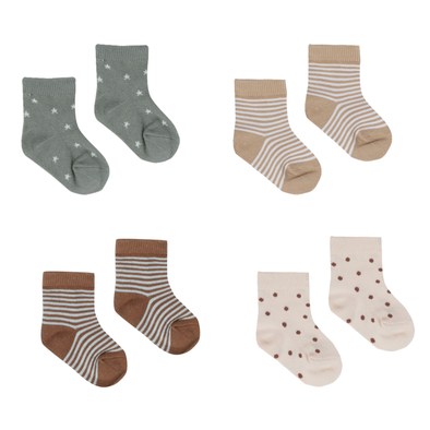 Quincy Mae - Organic 4-pack Baby Socks - Latte Stripe/Stars/Dots/Sienna+Sky Stripe