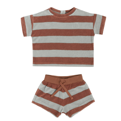 Quincy Mae -  Terry Tee and Shorts Set in Sienna/Sky Stripes