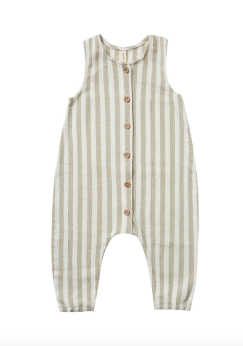 Quincy Mae - Baby Woven Button Jumpsuit in Sage Stripe