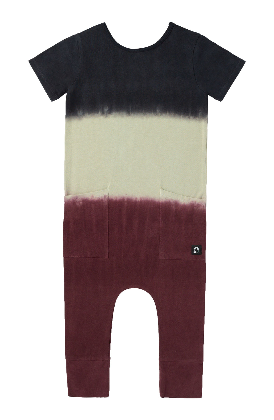 Rags to Raches Dip Dye romper in black, cream, and maroon