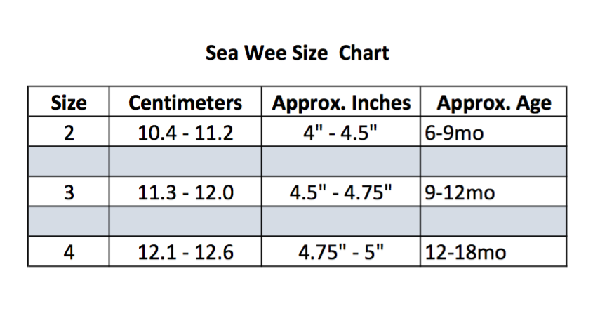 Sea Wee baby saltwater sandals size chart