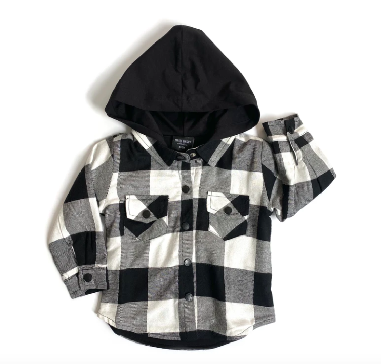 Little Bipsy - Hooded Flannel in Black and White Plaid