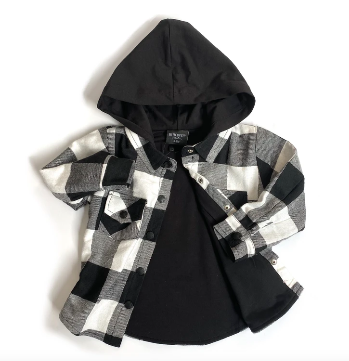 Little Bipsy - Hooded Flannel in Black and White Plaid