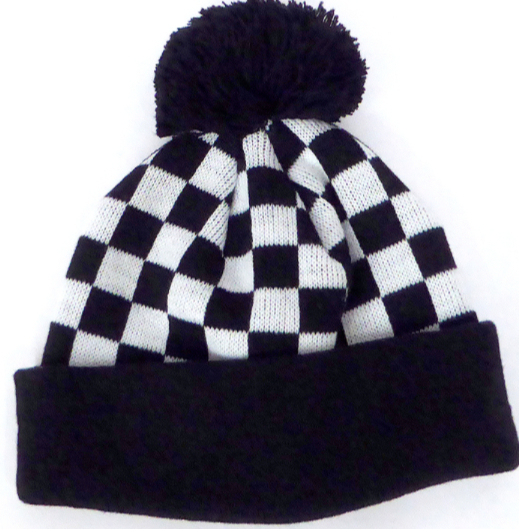 Toddler Knit Pom Beanie in Black/White Checkers