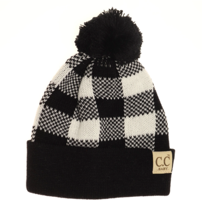 C.C. Beanie - Baby Buffalo Plaid Pom Beanie in White/Black