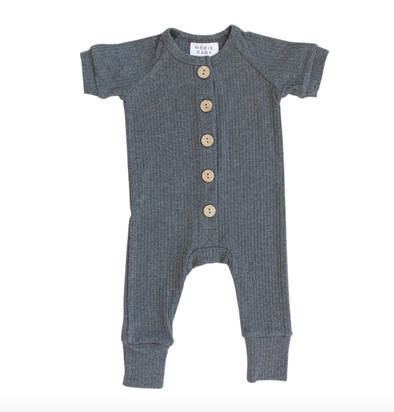 Mebie Baby - Ribbed Short Sleeve Cotton Button Romper in Charcoal