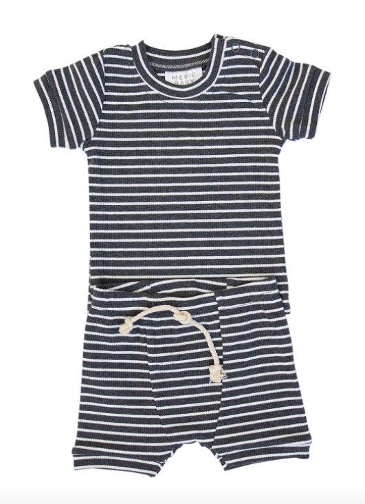 Mebie Baby - Ribbed Two Piece Short Set in Charcoal Stripes