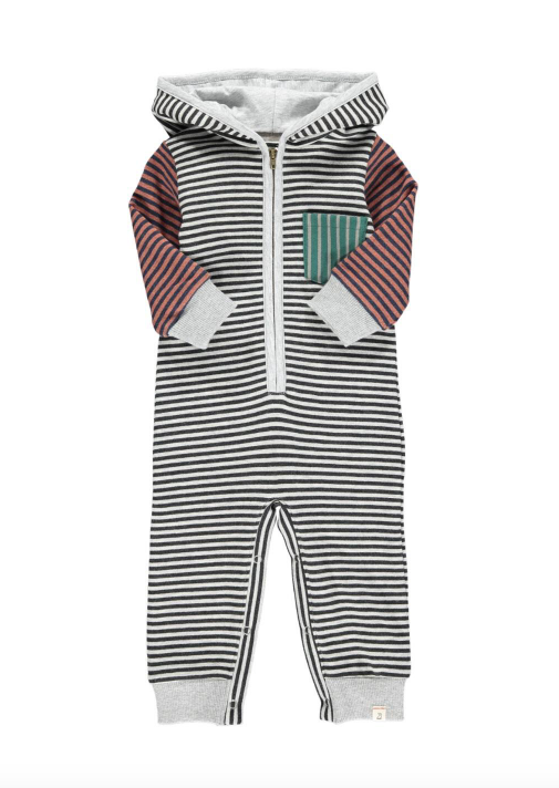 Me & Henry - Baby Hooded Romper in Grey/Navy Stripes