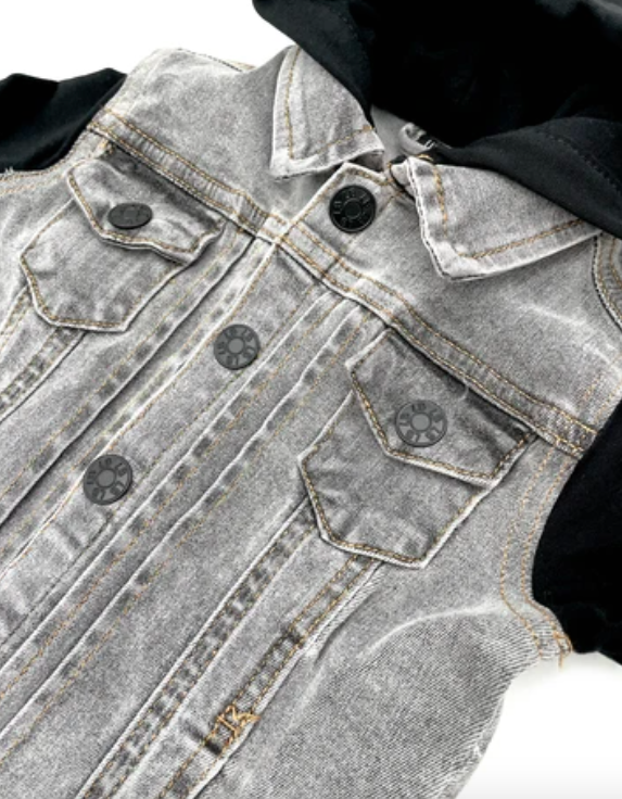 Little Bipsy - Hooded Denim Jacket in Frost Denim + Black