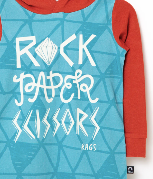Rags - Long Sleeve Hooded Rag Romper in 'Rock Paper Scissors' (12-18mo)
