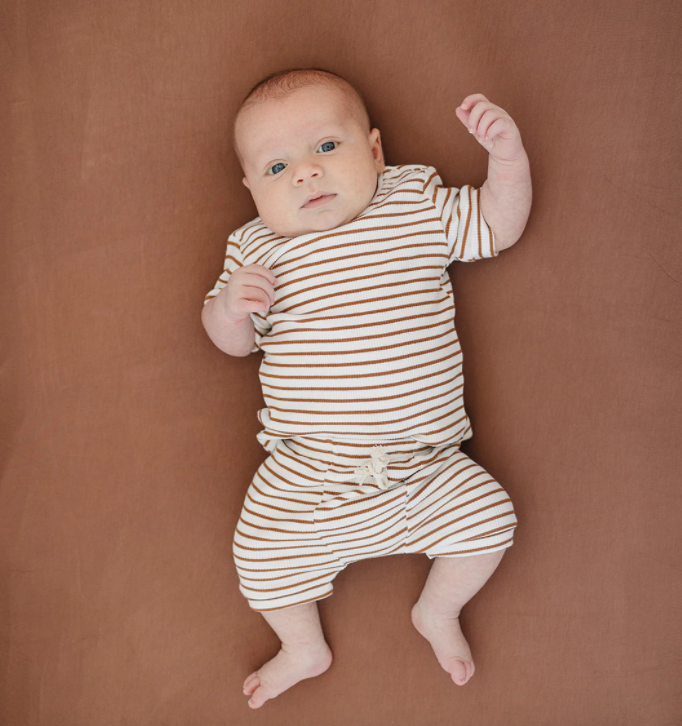 Mebie Baby - Striped Ribbed Short Set in Honey and White