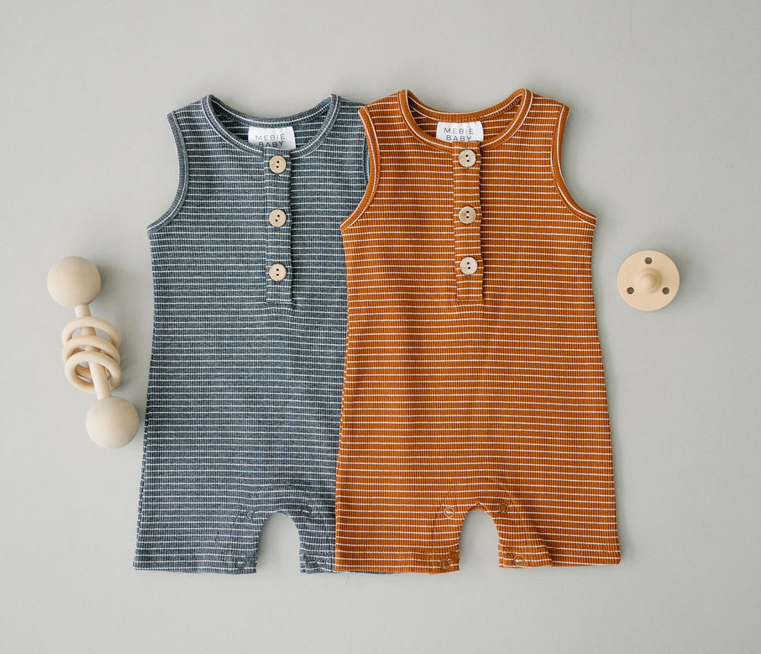 Mebie Baby - Ribbed Short Romper in Charcoal/White Stripes