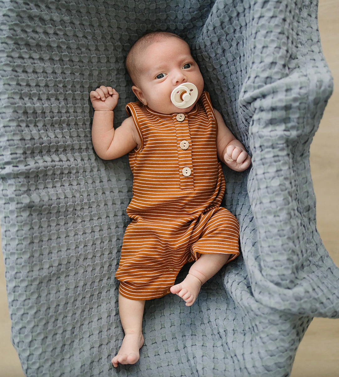 Mebie Baby - Ribbed Short Romper in Rust/White Stripes