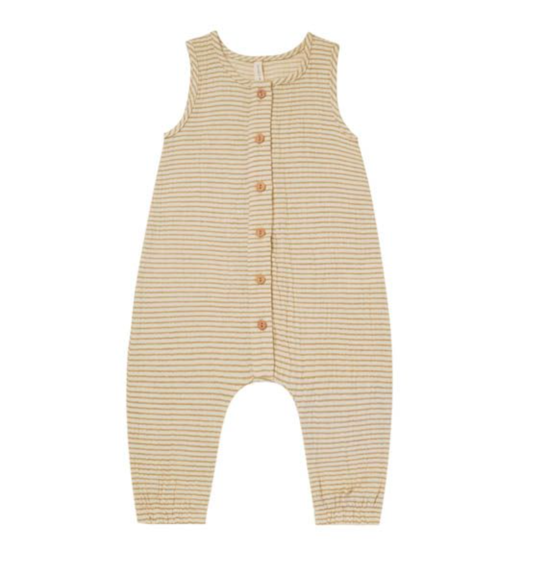 Quincy Mae - Woven Button Jumpsuit in Ocre Stripe