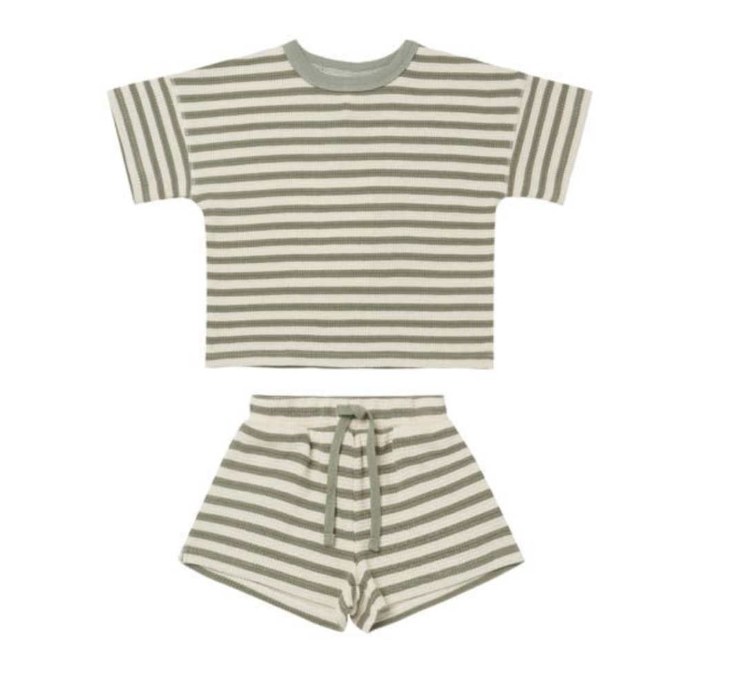 Quincy Mae - Waffle Tee and Short Set in Spruce Stripe