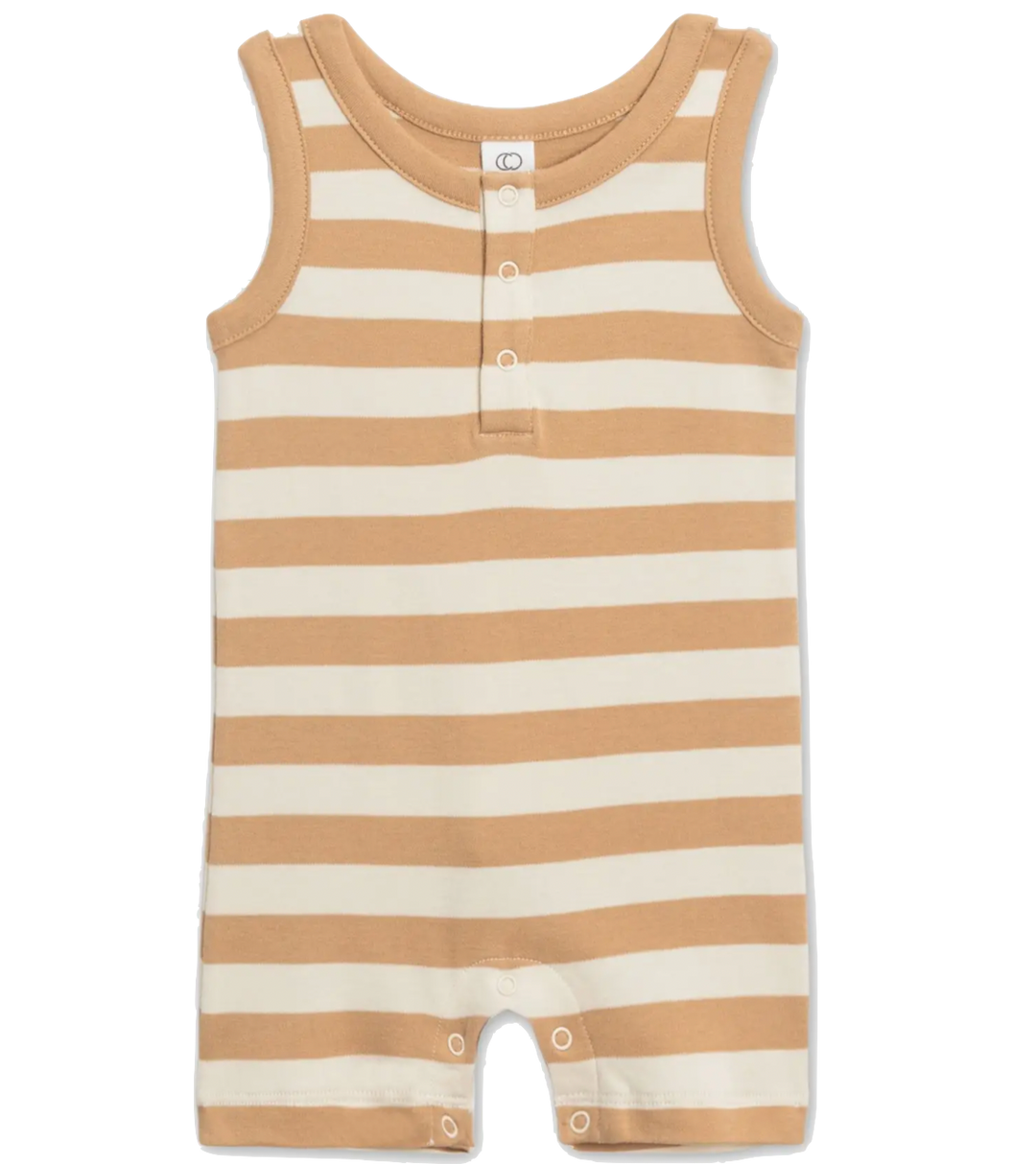Colored Organics Henley shorts romper in stripes