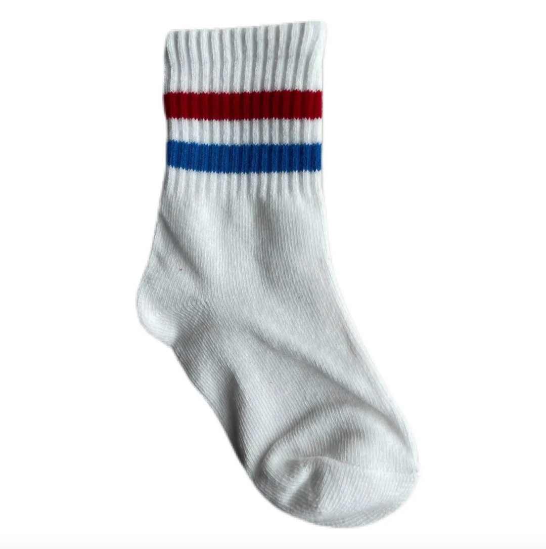 Kickin It Up Socks - White w/ Red and Blue Stripes