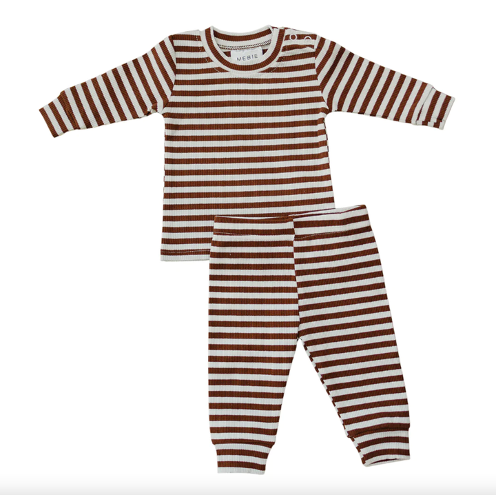 Mebie Baby - Ribbed Two-piece Cozy Set in Dark Rust Stripes