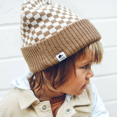 George Hats - Check Beanie in Tan and White