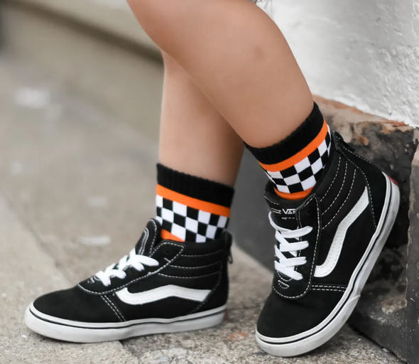 Kickin It Up Socks - Black/White Checkers and Orange Stripes