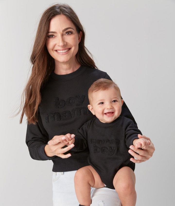 LeLaLo - Women's Boy Mama Chenille Letter Sweatshirt in Black